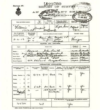 Report of Survey of an Emigrant Ship 04/11/1912.
The Board of Trade Survey Report shows Titanic in compliance with twenty lifeboats on her maiden voyage. Photo Credit: The National Archives, Kew, Richmond, Surrey, UK